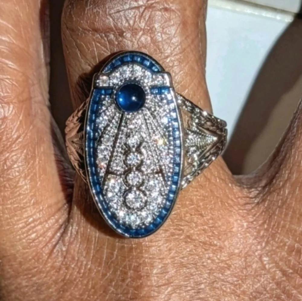 Art Deco Style Lab Created diamond Sapphire Wedding 14k White Gold Plated Sz 10